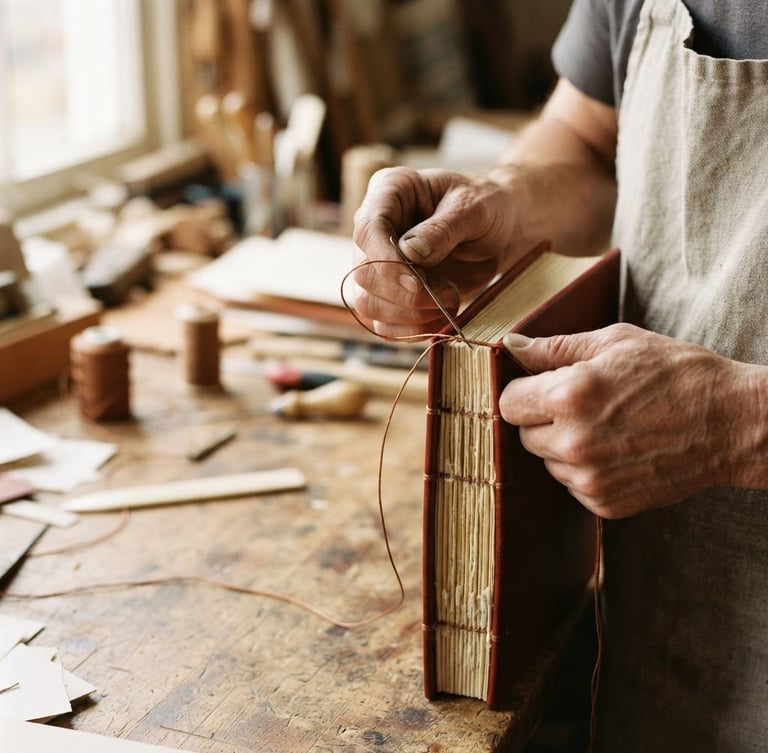 Close-up of hands carefully stitching a book spine with strong thread, showing exposed binding, warm natural workshop light, rich tinto and copper tones, shallow depth of field, 35mm, positioned right third.