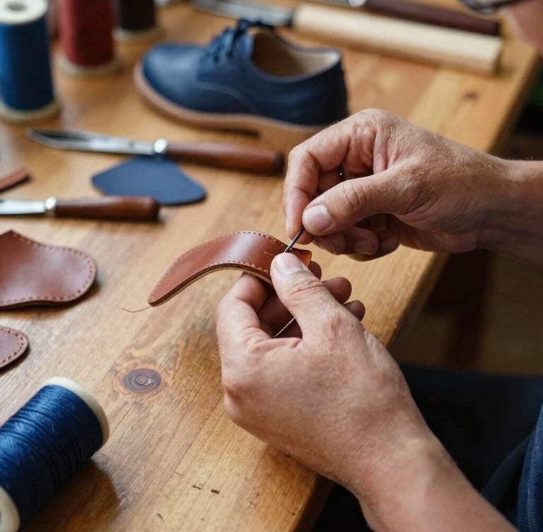 Hands of a master artisan stitching a children's leather shoe upper in a warm Trujillo workshop, tools scattered on a wooden table, 35mm