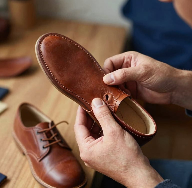 Portrait shot of a craftsman's hands carefully stitching the sole of a children's leather shoe, warm side-lighting highlighting the leather grain and thick thread, shallow depth of field.