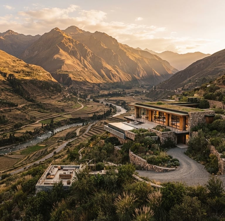 Wide environmental landscape of Sacred Valley of Peru at golden hour, low-profile modern luxury villa blending into the dramatic mountain backdrop, warm sunlight, medium format film