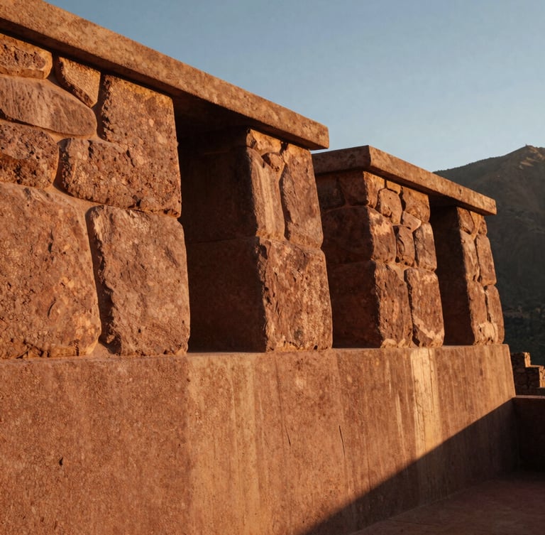 Close-up of traditional inca stone masonry integrated with modern smooth concrete, warm golden-hour side light, dramatic shadows, architectural detail