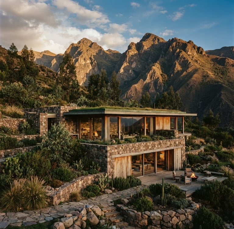 Low-profile modern villa made of local stone and eucalyptus wood, blending into the dramatic Sacred Valley mountain backdrop at golden hour, warm lighting, medium format film