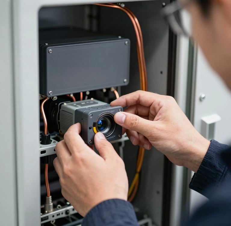 Close-up of an engineer using diagnostic equipment on an industrial UPS panel, high-contrast, clean bright lighting, heavy-duty copper wiring visible, 50mm lens