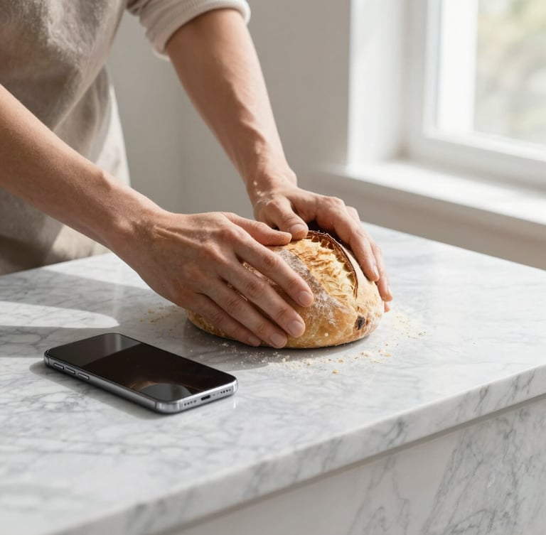 Hands kneading sourdough bread on a clean marble counter next to a sleek modern smartphone, warm morning window light, high contrast