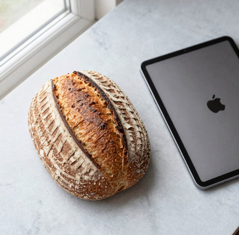 Top-down clean studio shot of a rustic sourdough bread loaf next to a sleek modern tablet on a light grey marble surface, bright natural window light
