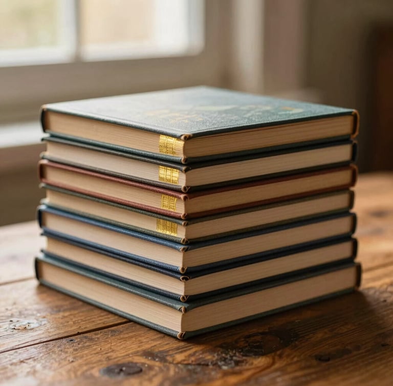A stack of high-quality physical children's books showing textured paper covers and gold foil spine details, resting on a rustic wooden table under warm window light, shallow depth of field, 35mm