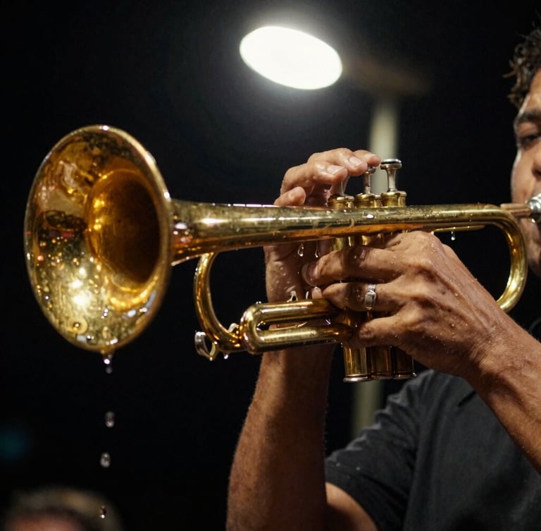 A close-up of a musician's hands on the valves of a worn, golden trumpet, sweat dripping, high-contrast dramatic night-time streetlamp glow.