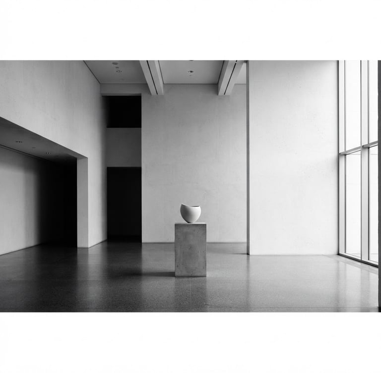 Wide panoramic architectural interior, stark white walls, deep shadows, a single minimalist object on a pedestal, diffused north-facing daylight, high contrast, monochrome.
