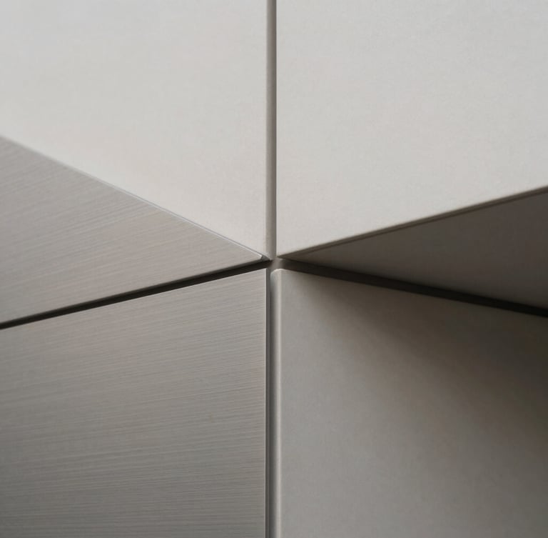 Close-up of brushed steel and matte ceramic textures, arranged geometrically, natural diffused daylight, high contrast, sharp focus.