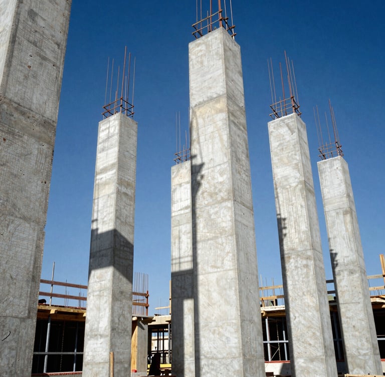 Low-angle heroic shot of active Moroccan construction site, raw concrete pillars rising, harsh Mediterranean sunlight casting strong geometric shadows, 35mm