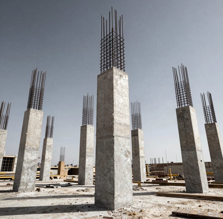 Low-angle heroic shot of active Moroccan construction site, raw concrete columns and steel reinforcement bars rising against harsh Mediterranean sunlight, casting strong geometric shadows.