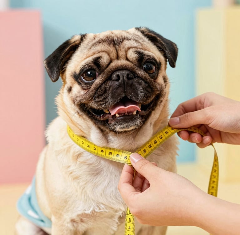 Detailed close-up of hands gently measuring a happy pug with a soft yellow measuring tape, showing the neck and chest area, bright natural light, warm and caring atmosphere