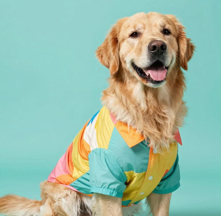 Vibrant studio photography of a happy Golden Retriever wearing a colorful custom-tailored summer shirt, bright natural light, teal background, sharp focus