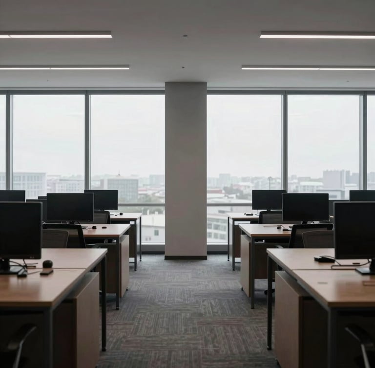 Interior de um escritório corporativo moderno e minimalista, com grandes janelas, mobiliário de design sóbrio, tons de cinza e madeira escura, luz natural difusa.