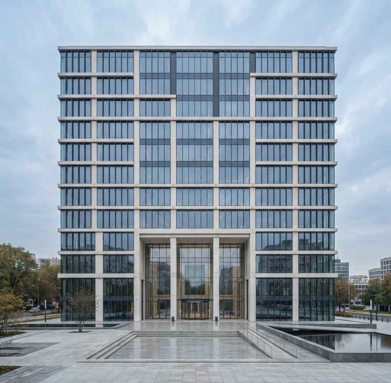 Fachada imponente de um edifício corporativo moderno, arquitetura minimalista, vidro e concreto, luz natural suave, composição simétrica, tons de cinza e azul.