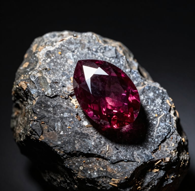 Macro photograph of a raw, deep red almandine garnet crystal still embedded in its dark gray schist host rock, illuminated by a harsh direct field-torch beam, casting sharp shadows.