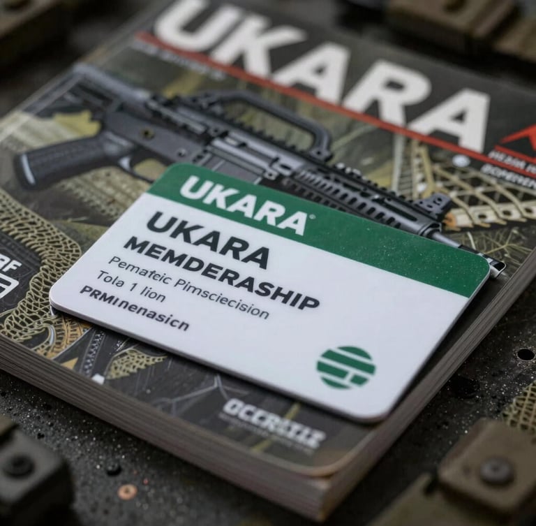 Portrait-oriented close-up of a UKARA membership card next to a stack of airsoft magazines, moody studio lighting, sharp focus on text, dark tactical background, shallow depth of field.