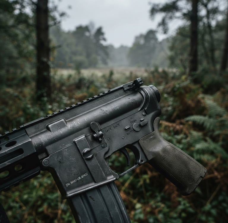 gritty tactical photography, moody overcast daylight, desaturated forest tones, sharp metallic details, shallow depth of field, close-up of a high-performance airsoft replica receiver, focused on metal texture and precision engineering, expansive background of a British woodland field at dawn
