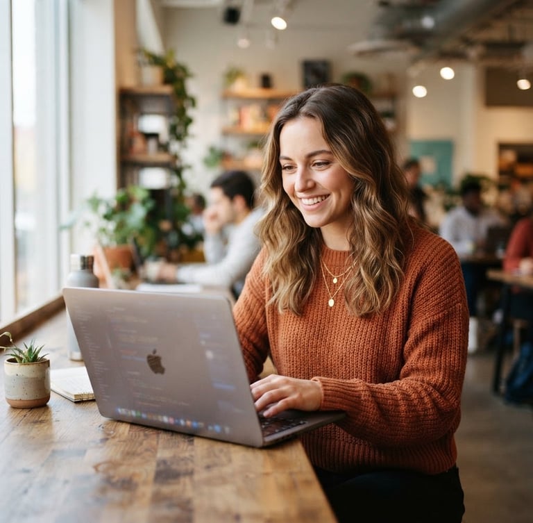 Vibrant digital photography of a young adult smiling in front of a laptop with a soft screen glow on her face, bright natural light, modern tech-ed mood, shallow depth of field, 35mm