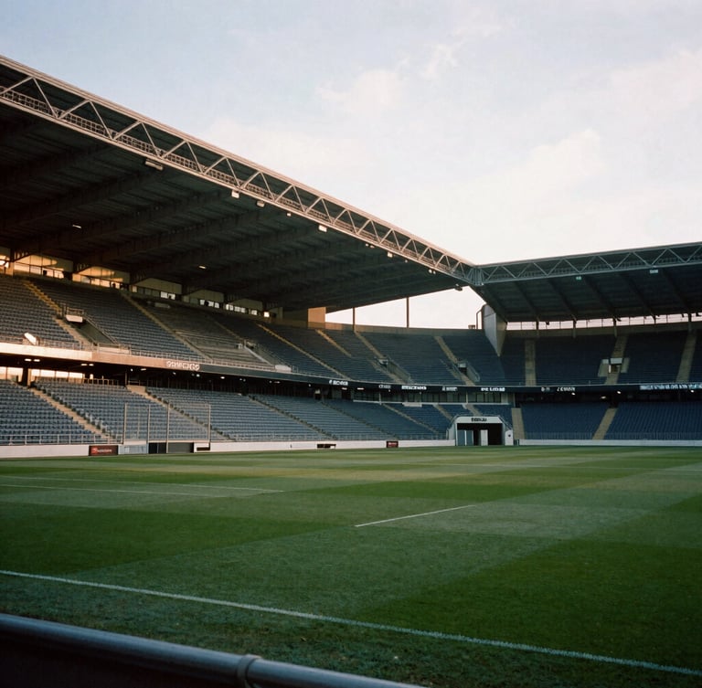 Architectural detail of an empty premium sports venue in Sussex, soft morning light, overcast sky, low contrast, editorial film photography.