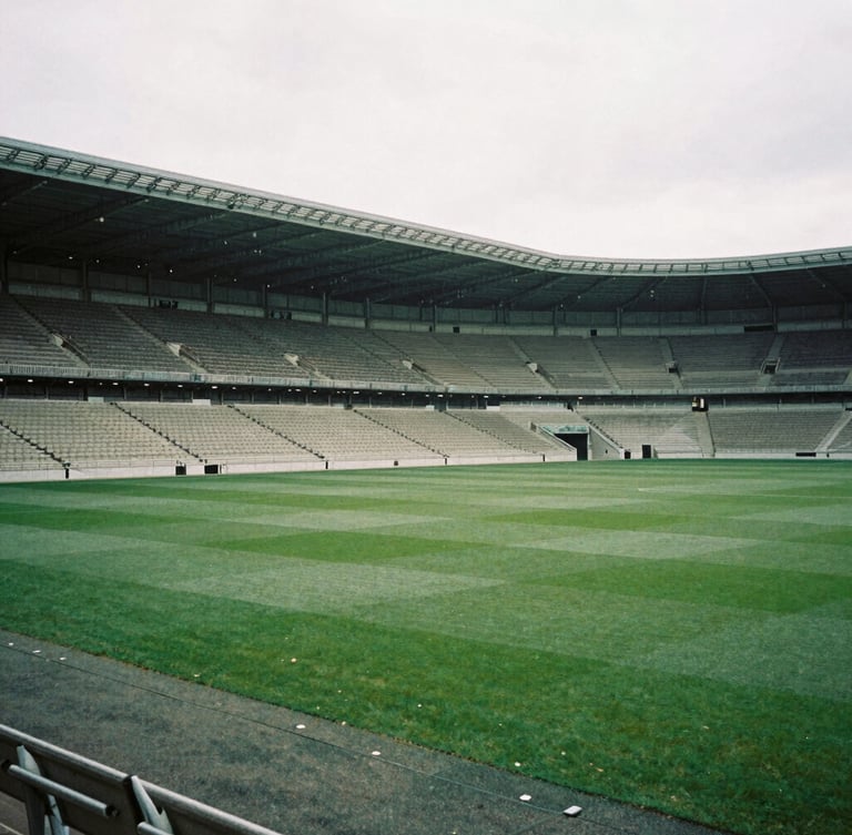 A wide architectural angle of an empty historic stadium in soft morning light, overcast British daylight, muted forest green and slate tones, editorial film photography style, 35mm lens.