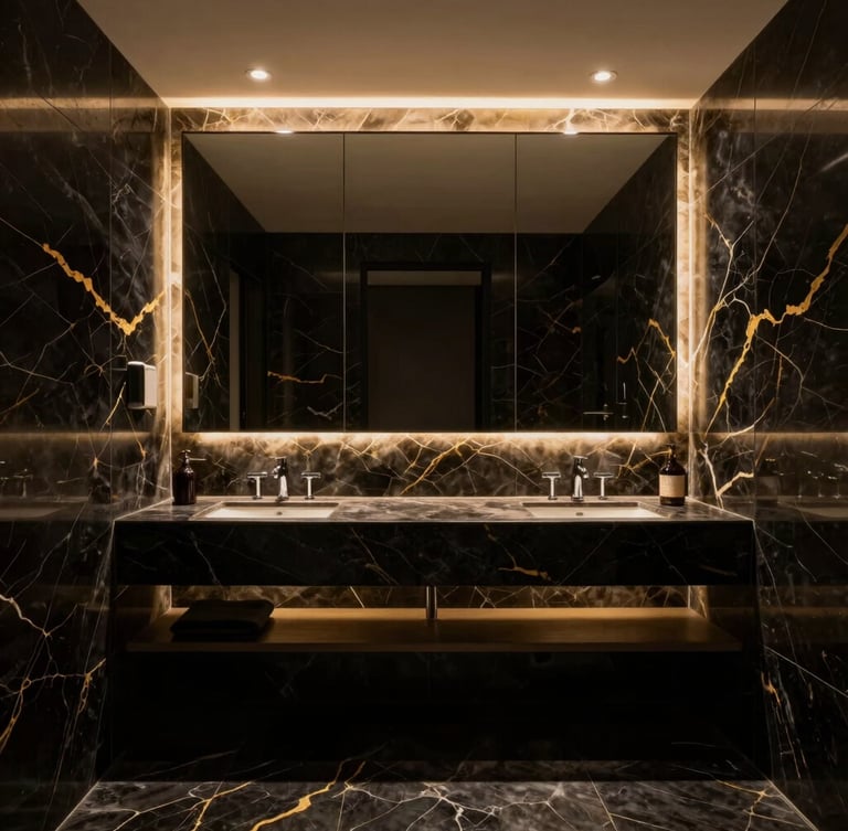 Wide-angle architectural interior of a luxury bathroom, book-matched black marble walls with gold veins, floating vanity, warm concealed LED lighting, chiaroscuro style