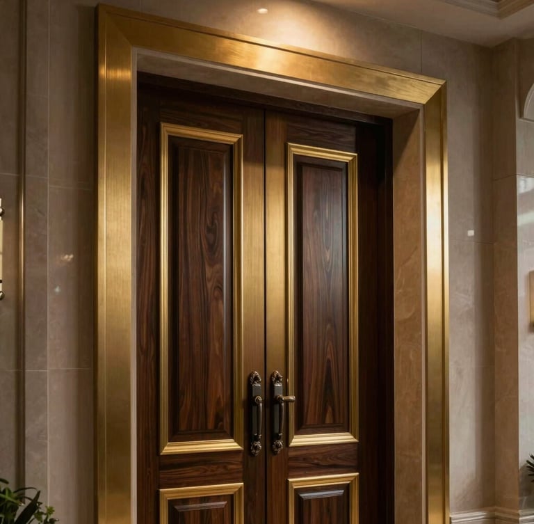 Close-up of a luxurious Riyadh penthouse entrance, high-contrast chiaroscuro lighting, brushed champagne gold detailing on a dark oak door, soft warm architectural spotlighting