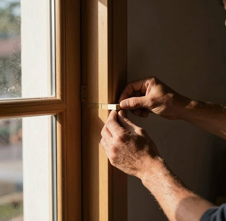 A master carpenter's hands assembling a heavy solid wood door frame, precise mortise and tenon joinery, soft workshop window light, sawdust in the air, 35mm lens.