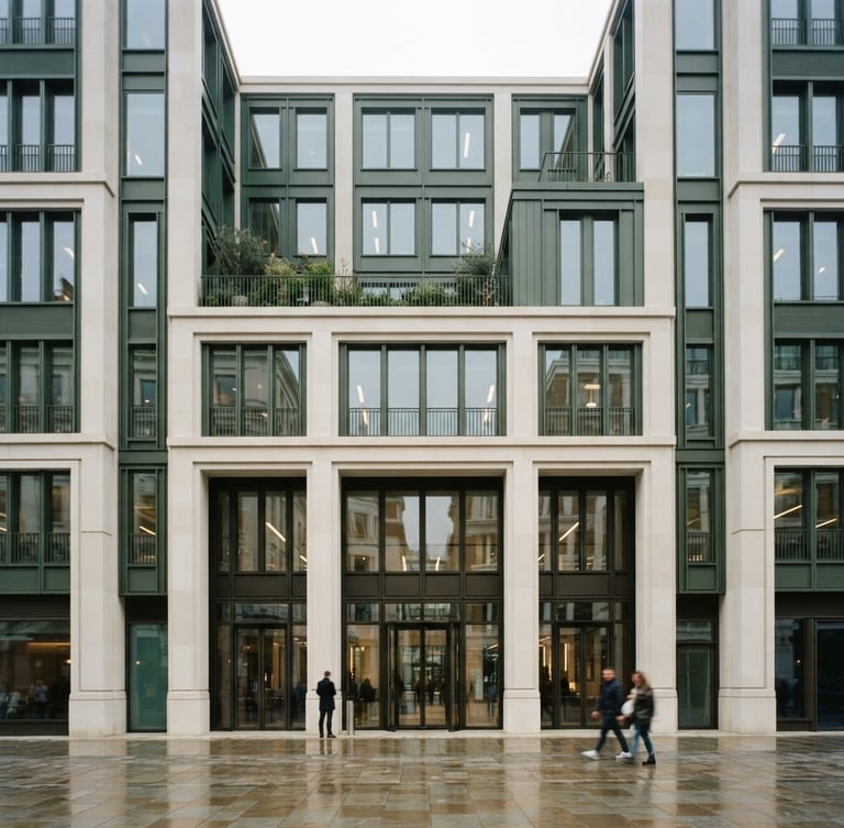 Wide architectural crop of the LECLARA Covent Garden office facade, natural overcast London daylight, soft shadows, low contrast, 35mm lens, shallow depth of field.