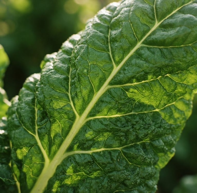 Extreme macro close-up of a vibrant green chard leaf, detailed plant veins translucent under soft morning sunlight, rich organic texture, 35mm film.