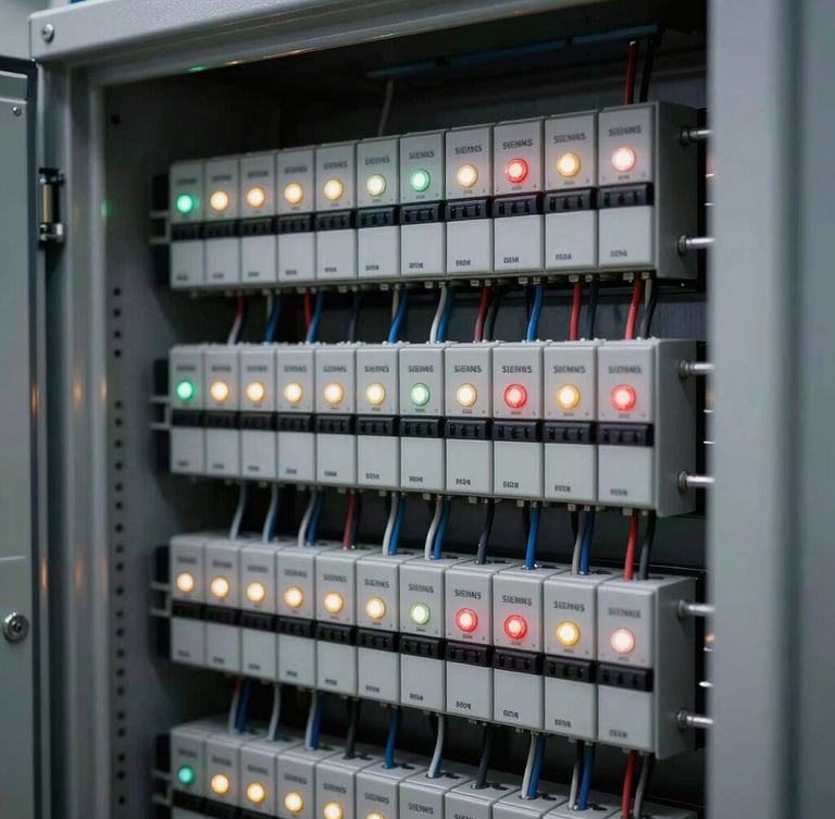 Close-up of organized Siemens PLC cabinet with clean wiring, glowing status LEDs, industrial editorial photography, sharp focus