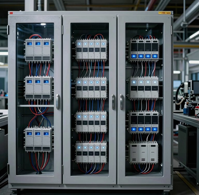 High-contrast industrial photo of a clean Siemens PLC cabinet with organized wiring and cool blue LED indicators inside a German automotive plant, 35mm lens