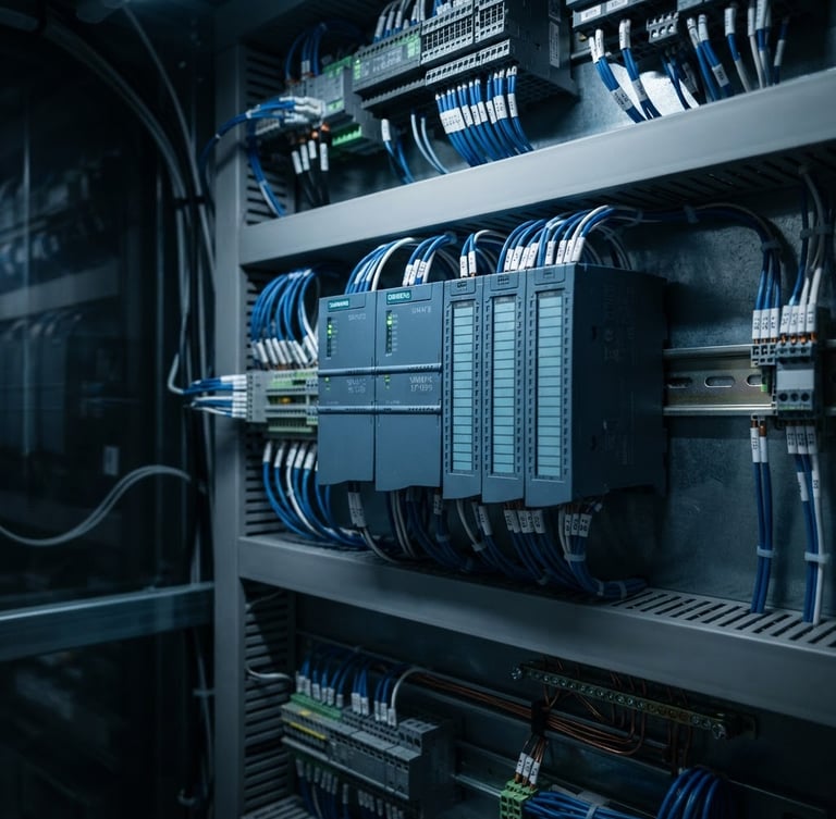 Macro shot of a clean Siemens PLC cabinet with meticulously organized blue and white wiring, cool industrial lighting, sharp focus, 35mm lens