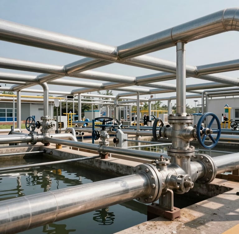 Wide environmental shot of an industrial water treatment facility with stainless steel pipes and valves under bright daylight, clean and highly technical environment