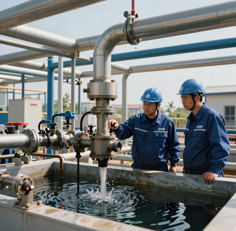 On-site industrial water treatment facility with clean pipelines, high-contrast daylight, engineers in full QHSE-compliant gear inspecting equipment.