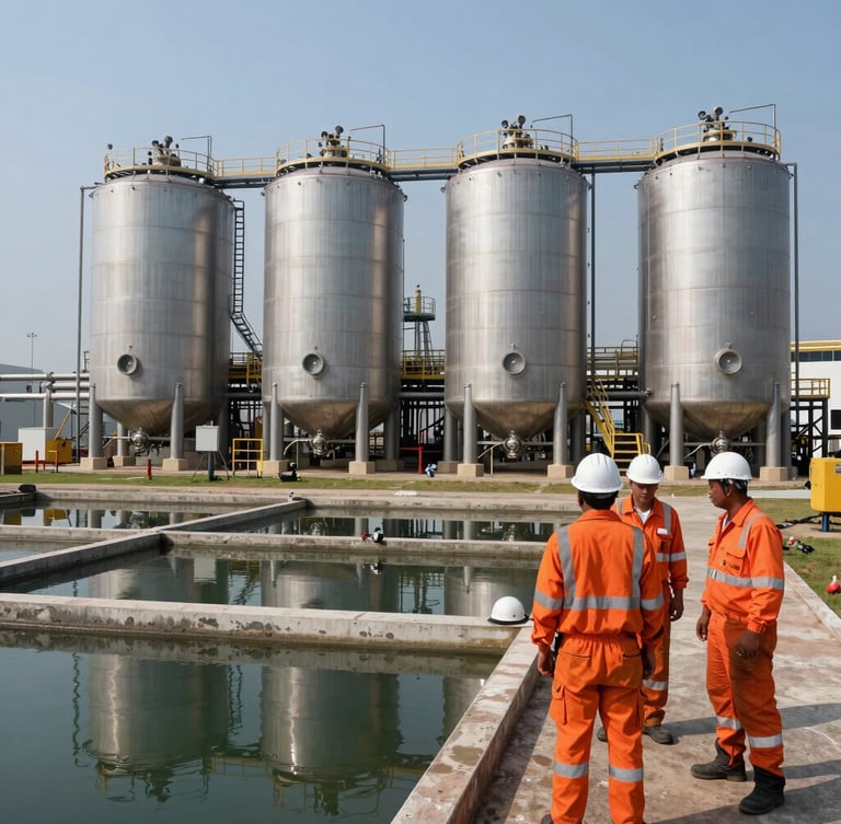 Wide-angle shot of a massive industrial water clarification facility at an active Indonesian oil field, engineers in orange high-vis overalls and white hard hats inspecting the steel tanks under bright daylight.