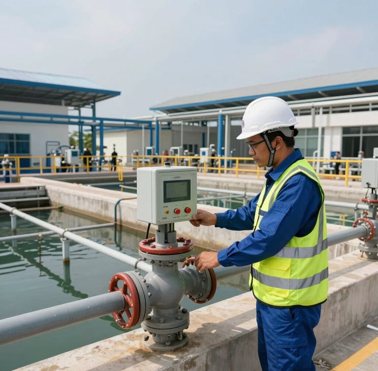 Wide-angle environmental shot of a modern industrial water treatment facility, an Indonesian engineer in full QHSE-compliant gear with a white hard hat and high-vis vest inspecting a control valve, bright clean daylight, precise composition.