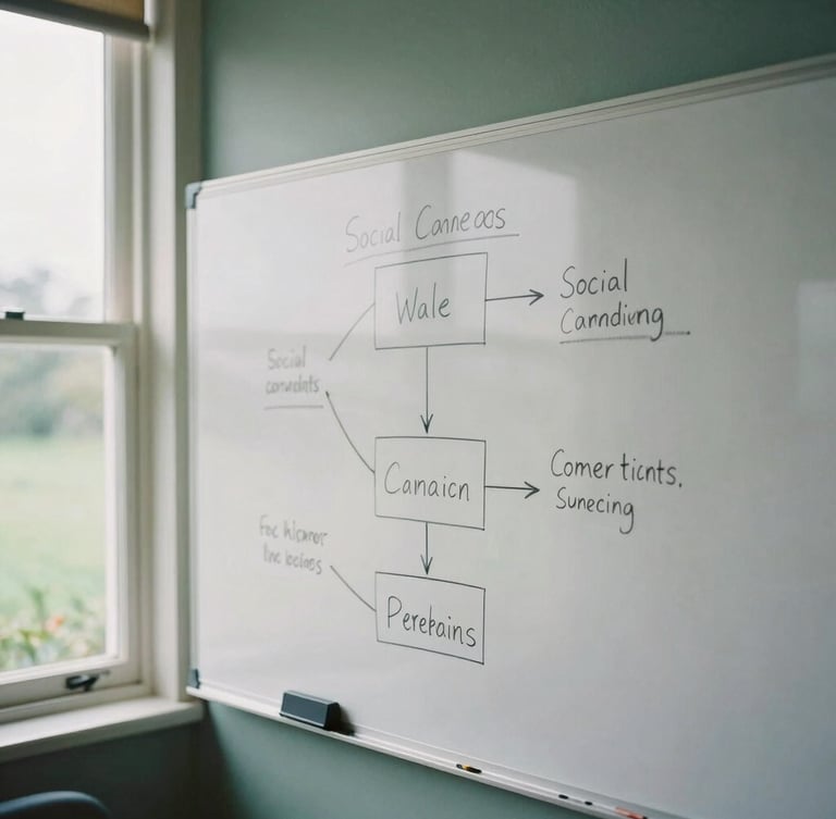 An authentic creative workspace in Wales, a strategist sketching a social campaign funnel on a whiteboard, soft natural window light, 35mm film style.
