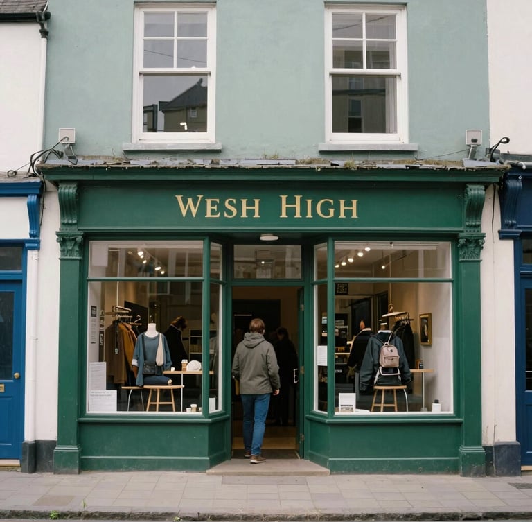 Medium shot, soft overcast natural daylight, a real Welsh high street storefront with local customers entering, authentic 35mm film style, muted slate and forest green tones
