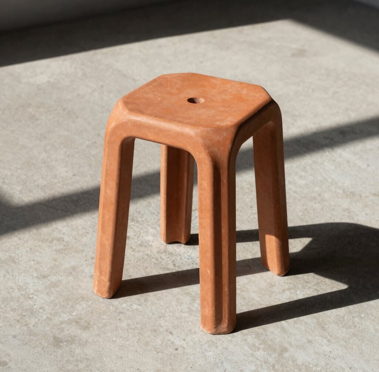 Low-angle architectural shot of a heavy-walled terracotta resin stool on raw concrete, casting a sharp dramatic shadow under harsh midday sun, minimalist composition.