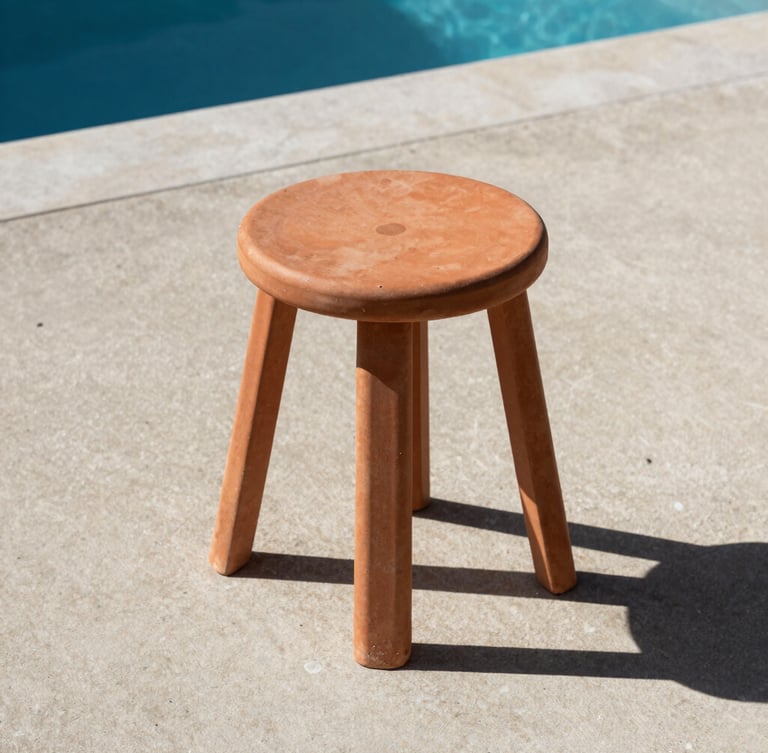 Low-angle heroic shot of a terracotta resin stool on a raw concrete patio, harsh midday sun casting sharp dramatic shadows, deep blue pool water in the background.