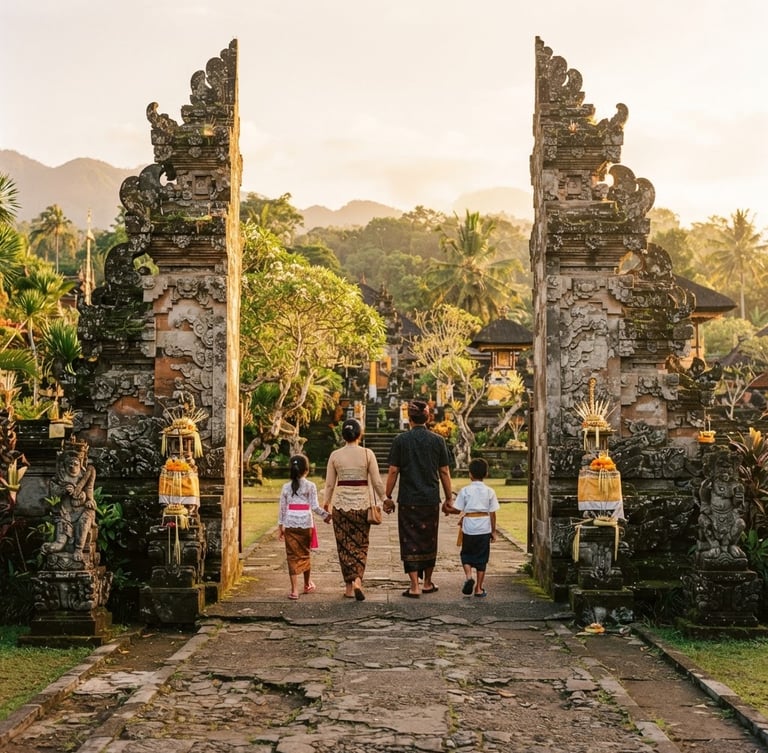 Warm environmental travel photography of a family walking through a sun-drenched Balinese temple gateway, soft morning light, 35mm