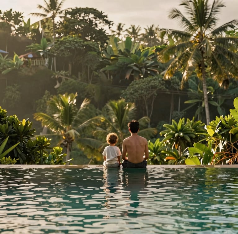 A toddler and parent looking over a lush green infinity pool facing Bali jungle, soft morning light, warm rich tones, 35mm