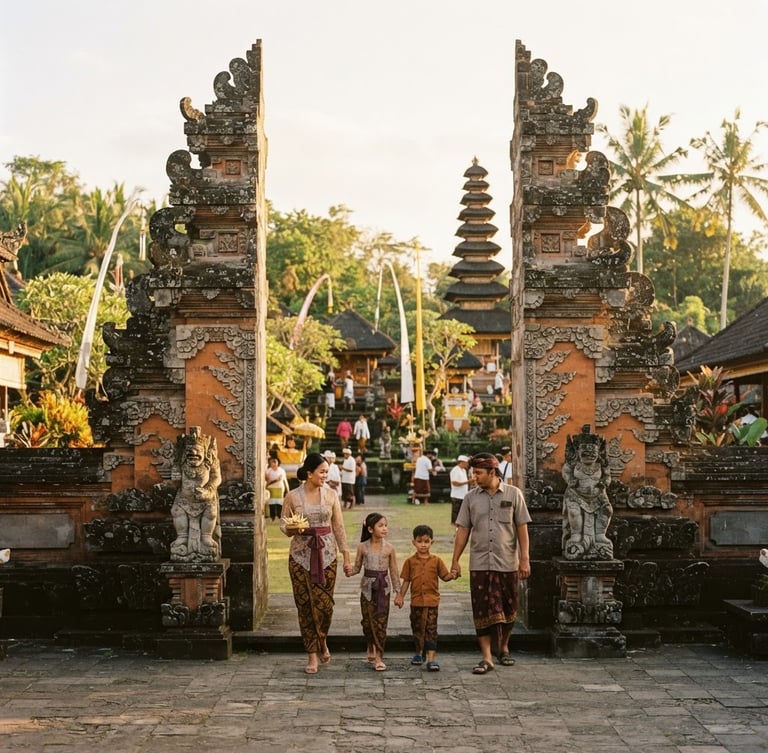Warm editorial travel photography of a family walking through a sun-drenched Balinese temple gateway, soft golden-hour light, 35mm