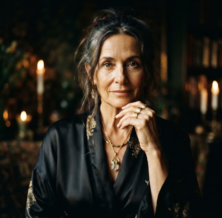 Elegant professional portrait of a female spiritual guide in dark silk clothing, soft golden hour shadows, dark moody background, luxury aesthetic, 35mm