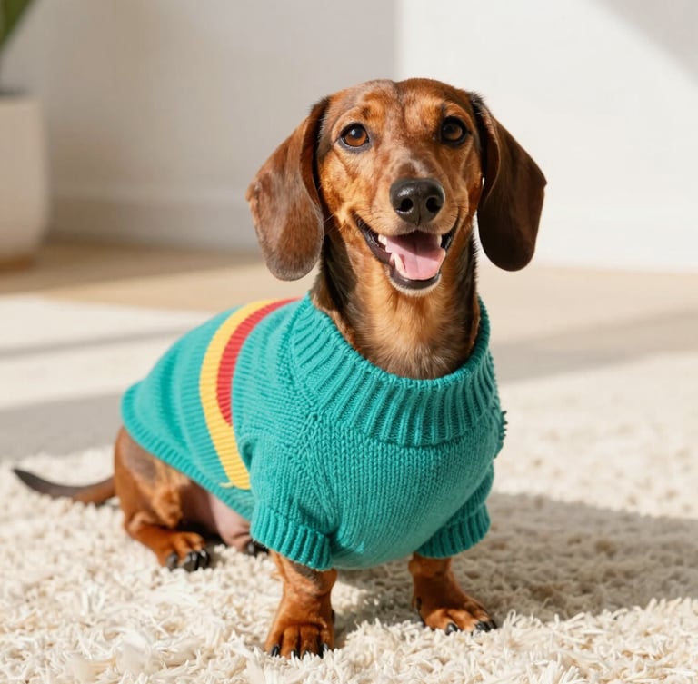 A warm eye-level portrait of a happy long-bodied Dachshund dog wearing a colorful custom-tailored teal knitted sweater, sitting on a soft cream rug under bright natural daylight.