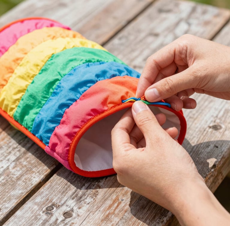 Vibrant editorial photography, close-up of hands carefully sewing a colorful pet vest on a rustic wooden table, bright natural daylight, fabric textures of soft woven cotton.