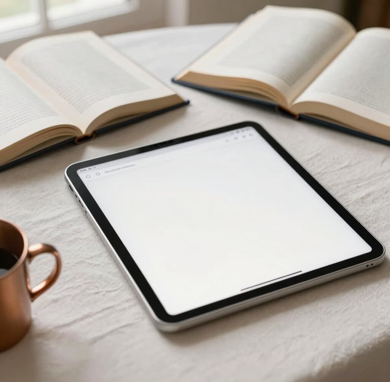 Elegant editorial portrait of open books and a tablet displaying clean, minimalist layouts on an off-white linen surface, warm natural light, bronze accents