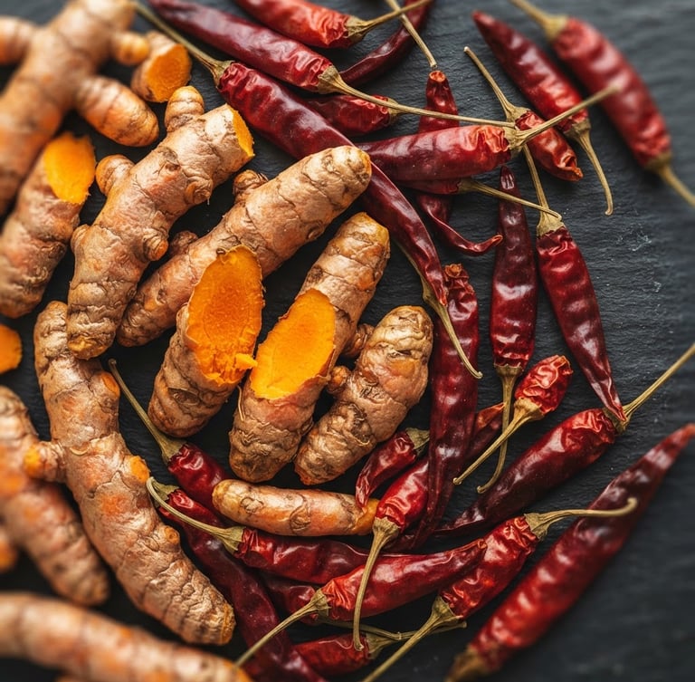 Overhead macro shot of vibrant raw turmeric roots and deep red chili pods on a clean dark slate surface, bright warm natural side-light highlighting textures, rich editorial food photography