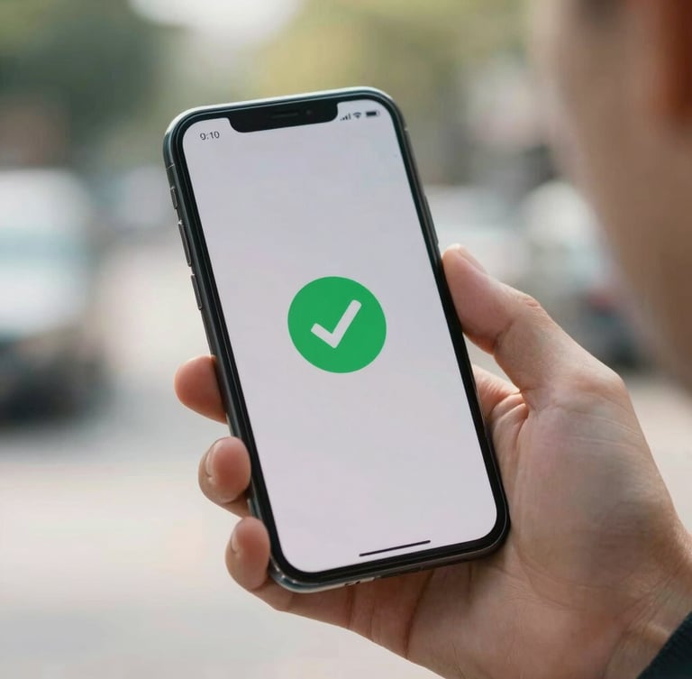 A close-up of a hand holding a modern smartphone displaying a clean banking app notification with a green checkmark, bright natural morning daylight, shallow depth of field, realistic and clean.